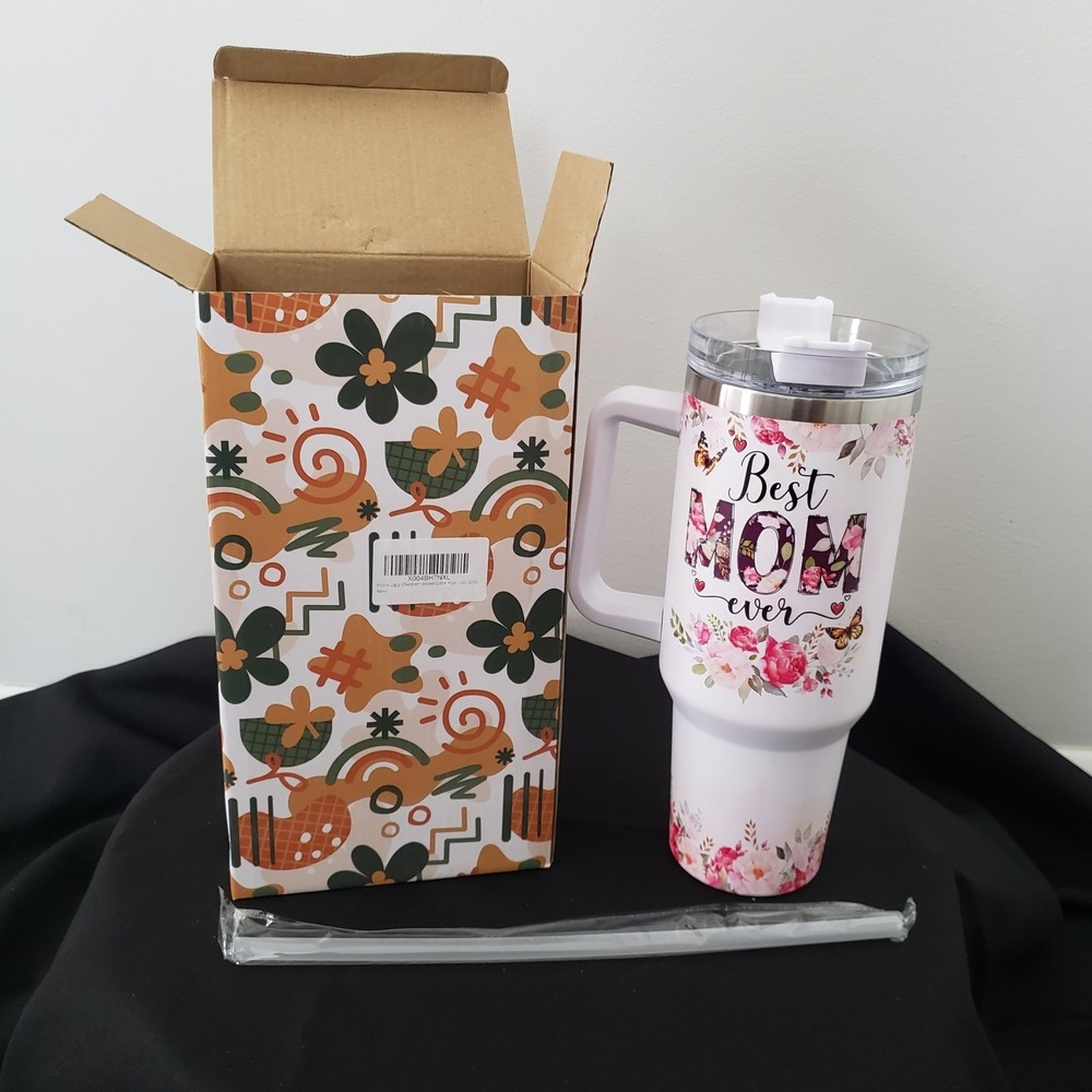 Best Mom Ever Travel Cup Mug Straw 40oz Mothers Day Gift Pink Floral NEW IN BOX